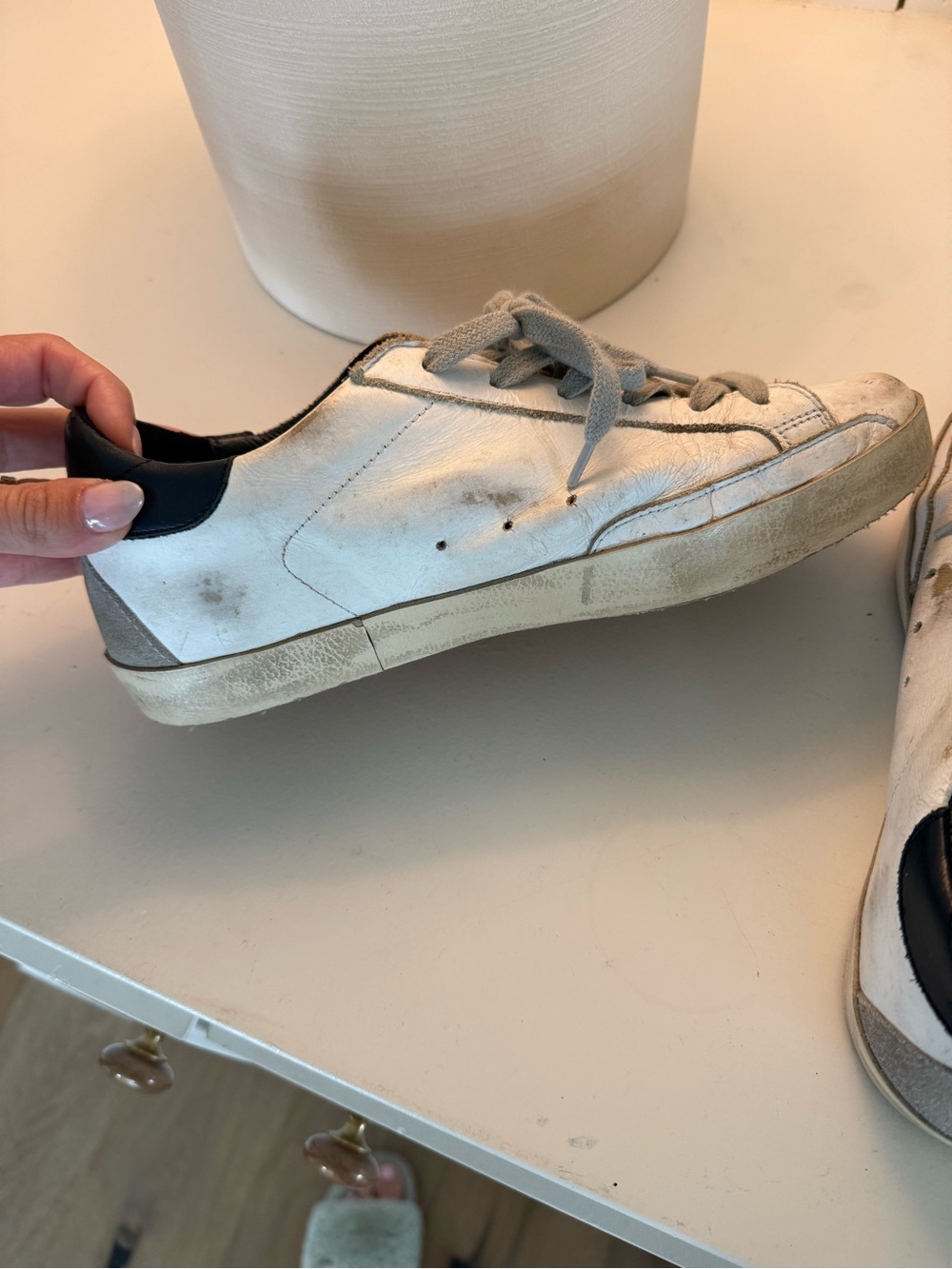 Golden Goose White Leather Sneakers with Gray Star and Navy Heel - Picture 5 of 6